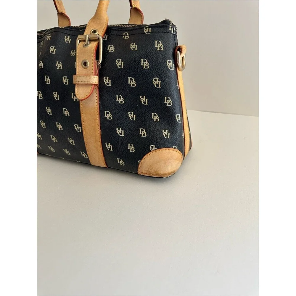 Dooney & Bourke y2k Black Boston Monogram Tan Leather Trim Satchel